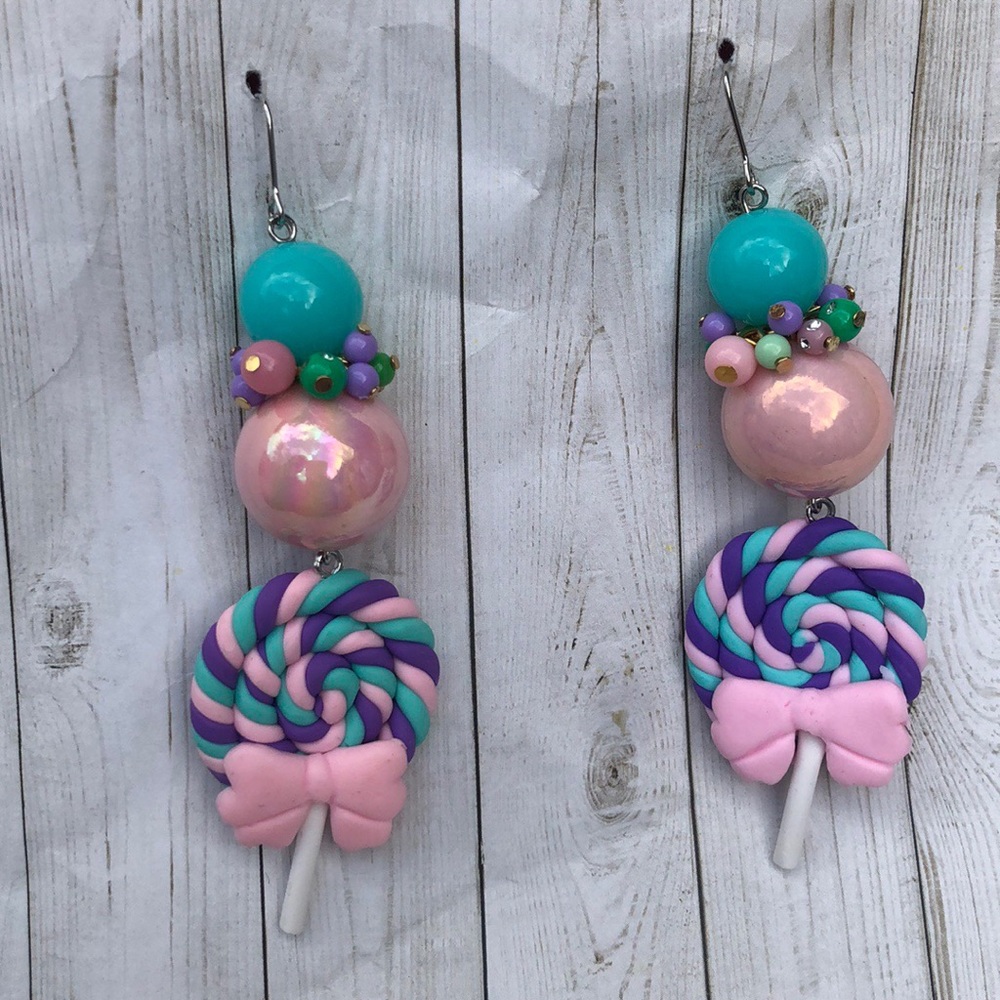 Lollipop mint bow swirl pink candy 🍭 earrings